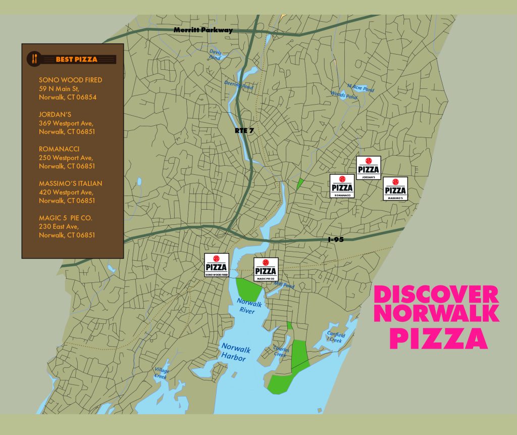 A stylized map of Norwalk, CT, highlights five pizza places with icons and lists their addresses on the left. Bold pink text reads DISCOVER NORWALK PIZZA in the lower right corner. Major roads and water bodies are shown.