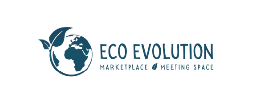 Logo for Eco Evolution, featuring a globe with plant leaves growing from it, alongside the text ECO EVOLUTION Marketplace Meeting Space with a small leaf icon between Marketplace and Meeting Space.
