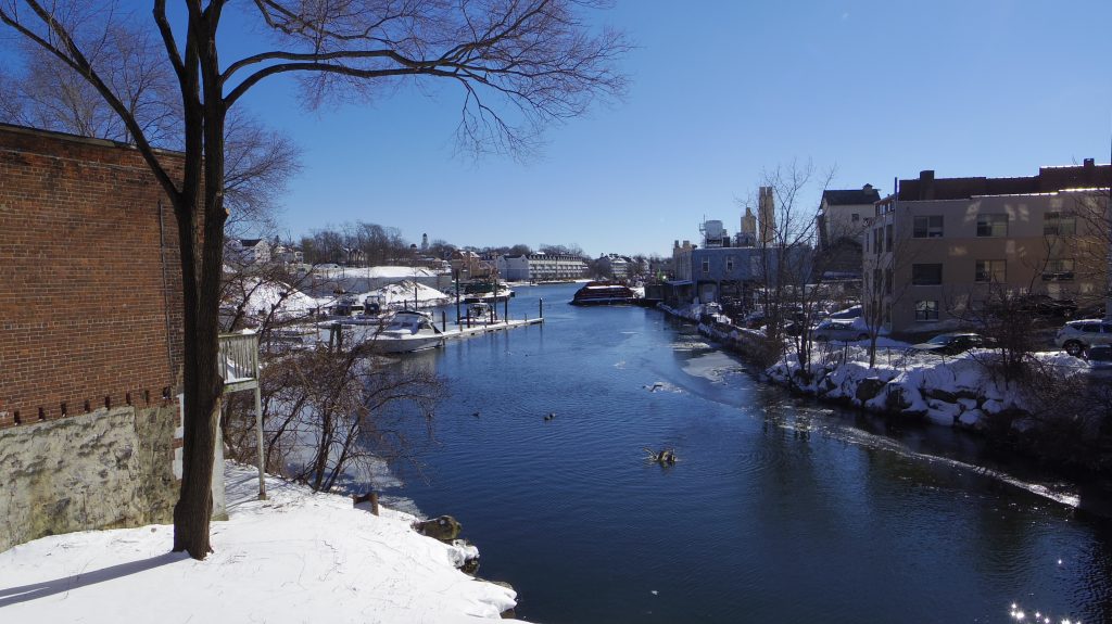 A calm, narrow river lined with snow-covered banks and buildings under a clear blue sky. Bare trees frame the scene, and ducks swim in the water.