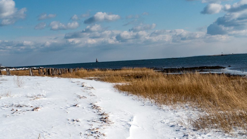 A snowy coastal landscape with patches of dry grass, a wooden fence line, and the ocean in the background under a blue sky with scattered clouds. A distant lighthouse is visible near the horizon.