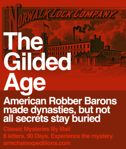 An old illustration of a The Gilded Age. American Robber Barons made dynasties, but not all secrets stay buried. Promotional text for a mystery game appears below.