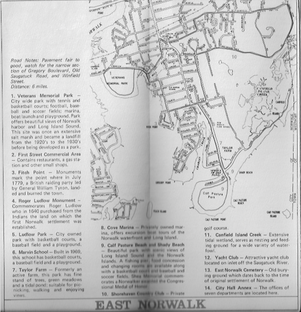 Black-and-white map of East Norwalk, Connecticut, with labeled streets and points of interest; a text list describes parks, historical sites, marinas, pastures, golf courses, clubs, and city offices.