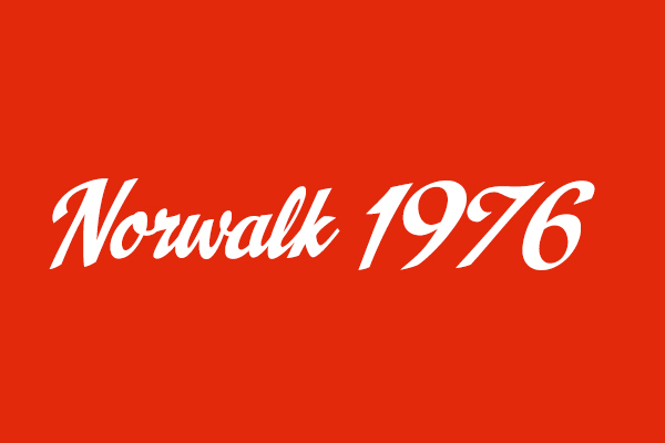 White cursive text reads “Norwalk 1976” on a solid red background.