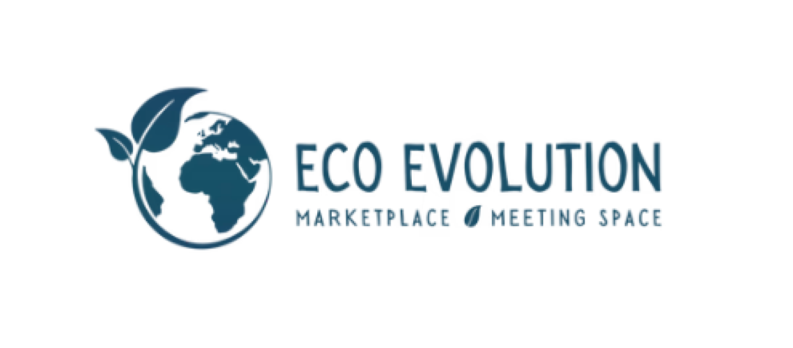 Logo for Eco Evolution, featuring a globe with plant leaves growing from it, alongside the text ECO EVOLUTION Marketplace Meeting Space with a small leaf icon between Marketplace and Meeting Space.